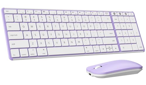 seenda SKM64-2 Bluetooth Keyboard and Mouse Combo for Mac, MacBook and iPad | 3-device Bluetooth switching, rechargeable, quiet keys/clicks, compact slim design for office and home use, white & purple - color: White & Purple