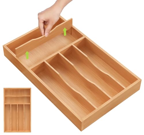 Unibambou Bamboo Utensil Drawer Organizer with Removable Dividers, Kitchen Organizer for Flatware Cutlery, Silverware Tray for Drawer (6/5 Flexible Slots, Natural) - color: Natural, size: Medium+ 10 x 16 Inch