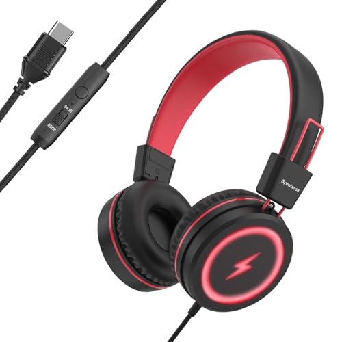 Bywulanda Kids Headphones with LED Lights for School, Upgrade USB Type C Kid Headphone with Microphone, Volume Limiter 85/94dB, Wired On Ear Headphones for Boys/Girls/Tablet/Travel -Black - color: Red Black