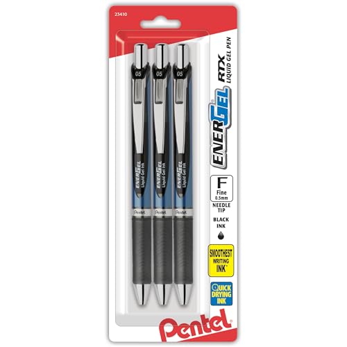 Pentel EnerGel RTX Retractable Liquid Gel Pen, (0.5mm), Fine Line, Needle Tip, Black Ink, Pack of 3 (BLN75BP3A) - color: Black, size: 3 Count (Pack of 1)