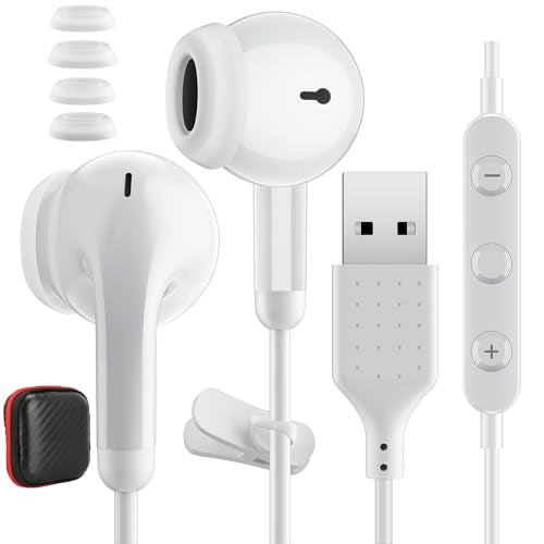 USB Earbuds with Microphone for PC Laptop Computer, 7.5FT White | Noise Isolating Computer Headset with Volume Control Stereo Bass Wired in Ear Earbuds for Gaming Zoom Meeting Office Worker
