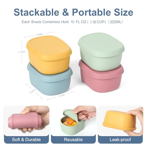 4 pcs 10 oz Silicone Snack Containers for Kids Small Food Containers with Lids, Fruit Container for Lunch, Stackable Lunch Container for Kids, Daycare, School and Travel - size: 10oz-4pcs
