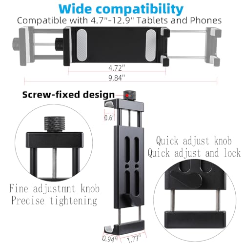 Aluminum Tablet Holder for Mic Stand, Side Mount for All iPad, 360 Rotatable With Super Clamp Compatible for iPad Pro 12.9, Air, Mini, Galaxy Tabs, 4.7-15" Tablets
