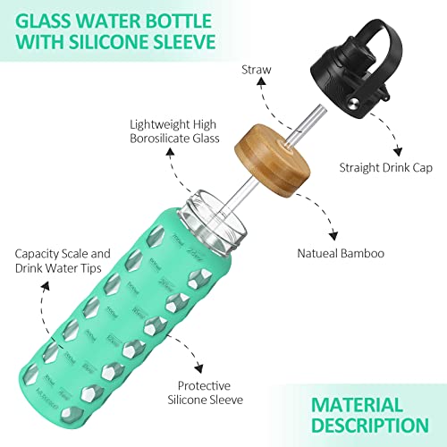 MUKOKO 24oz Glass Water Bottle, Green | Glass Tumbler with Straw, Drinking Bottles with 2 Lids-Handle Spout Lid & Bamboo Straw Lid, Silicone Sleeve, 1 Pack - color: Green, size: 24 Ounces