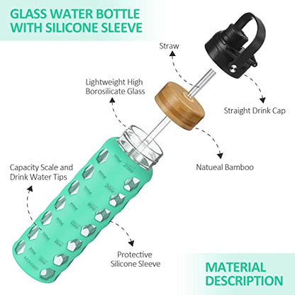 MUKOKO 24oz Glass Water Bottle, Green | Glass Tumbler with Straw, Drinking Bottles with 2 Lids-Handle Spout Lid & Bamboo Straw Lid, Silicone Sleeve, 1 Pack - color: Green, size: 24 Ounces