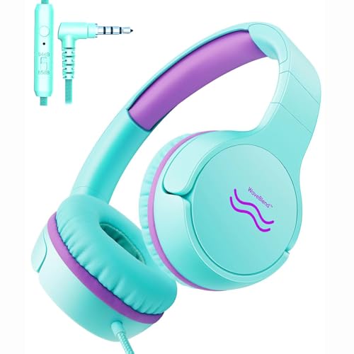 Wired Kids Headphones with Mic, Foldable, Volume Control Safe Listening(85/94dB), 3.5mm Jack on-Ear Headset for Chilren/Teens/Boys/Girls/School/Travel/Plane/Tablet/Ipad/Laptop, GreenPurple - color: GreenPurple