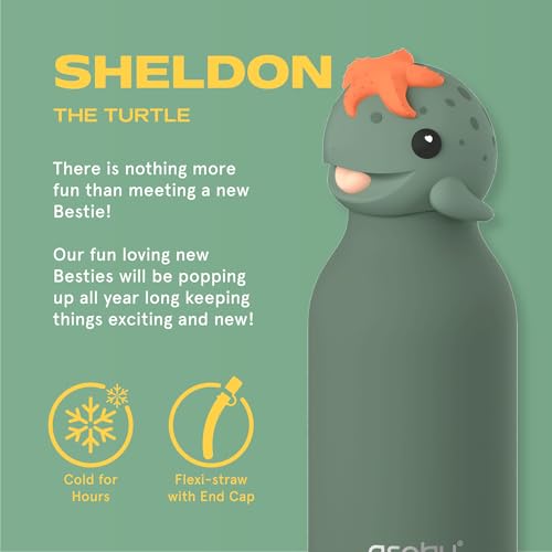 asobu Bestie Bottle Limited Edition Collectible Kids Water Bottle with Animal Character Lid 16oz (460ml) Insulated Stainless Steel, Leakproof, Reusable with Straw Fun Gift for Girls & Boys - color: SHELDON THE TURTLE
