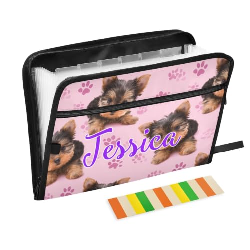 Kcldeci Custom Expanding File Folder with 13 Pockets,Yorkie Dog and Dog Paws Personalized Accordion Document Organizer with Labels, A4 Letter Size Portable Paper Storage for Office School Home Travel - color: Yorkie Dog and Dog Paws