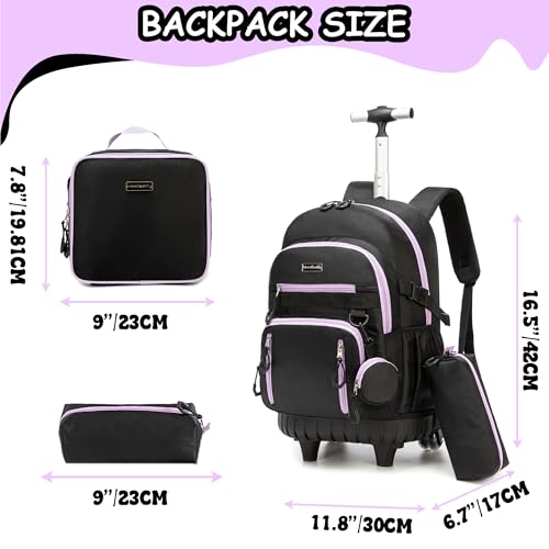 Backpack with Wheels for Girls Rolling Backpack for Kids 8-12 Roller Backpacks for Girls 10-12 School with Lunch Bag Pencil Case - color: Solid New Black Purple