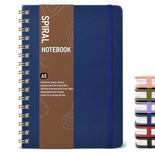 Dotted Spiral Journal Notebook, A5 Hardcover Spiral Journals for Women Men, 100 GSM Dot Grid Paper Notebooks, 150 Pages Spiral Bullet Dotted Notebook for Writing Note Taking 5.75" x 8.38", Navy Blue - color: Navy Blue, size: Dotted