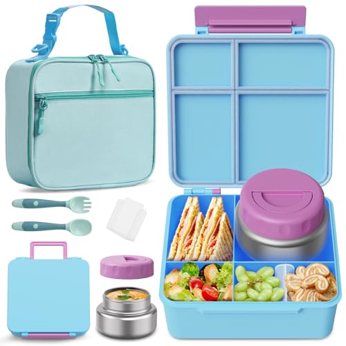 Bento Box for Kids with Thermo Food Container (9oz), 4-Compartment Lunch Box, Adjustable Divider, Leakproof Bento Lunch Box, Includes Utensils & Carry Bag for School, Office(Light Blue) - color: Light Blue