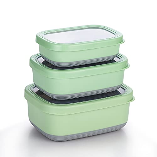 Lille Home Leak Proof Salad Container Stainless for Lunch - Snack Containers Steel - Ideal for Educational Settings & Daycare - Nesting Trio with Silicone Lids - 47oz+30oz+16oz - Blue - color: Green