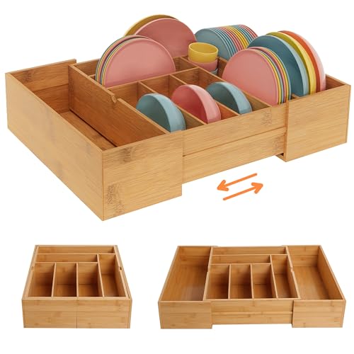 BAMEOS 3.9inch Tall Bamboo Drawer Organizer, Expandable Utensil Holder with 8 Compartments, Adjustable Kitchen Drawer Divider for Flatware, Silverware and Gadgets, Deep Storage for Home and Office - size: 3.9''H 22X16