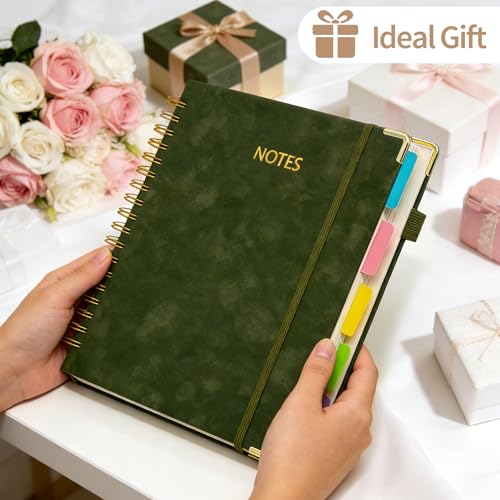 biguphate 1Pack Hardcover Spiral Notebook with Tab, Ruler & Removable Dividers, 300 Pages 8"x10" Large B5 Faux Leather Notebooks, 5 Subject Notebook College Ruled for Work, Home (Green) - color: 1PACK-Green