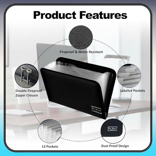 Fireproof Document Organizer Bag with Lock – Waterproof File Folder with 13 Labeled Pockets for Secure Document Storage for Home, Office & Travel