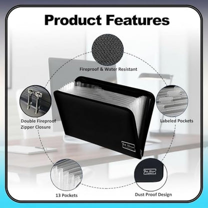Fireproof Document Organizer Bag with Lock – Waterproof File Folder with 13 Labeled Pockets for Secure Document Storage for Home, Office & Travel