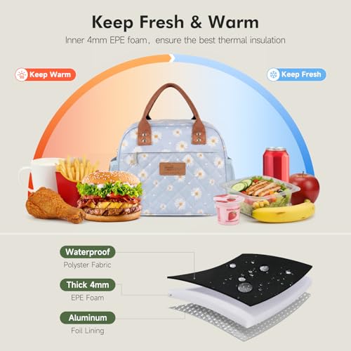 HOMESPON Insulated Lunch Bag for Women Men, Cooler Tote Box, Blue Daisy | Front Pocket, Side Mesh Pockets, Reusable, for Work, Picnic, Food Container - color: Blue Daisy