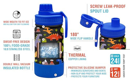 CHILLOUT LIFE 12oz Kids Insulated Stainless Steel Water Bottle with Leak Proof Spout Lid & 144 Stickers - color: Dinosaur, style: 12 oz