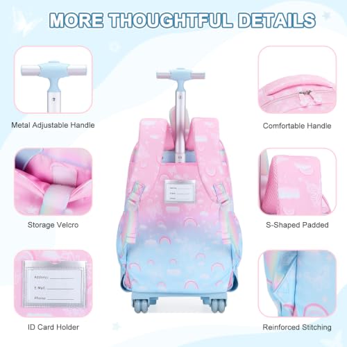 Scothen Rolling Backpack for Girls, 3PCS Roller School Backpacks for Girls with Lunch Bag and Pencil Pouch, Kids Bookbag Schoolbag with Wheels for Teen Girl Kindergarten Elementary Middle School - color: Pink Blue