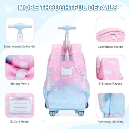 Scothen Rolling Backpack for Girls, 3PCS Roller School Backpacks for Girls with Lunch Bag and Pencil Pouch, Kids Bookbag Schoolbag with Wheels for Teen Girl Kindergarten Elementary Middle School - color: Pink Blue
