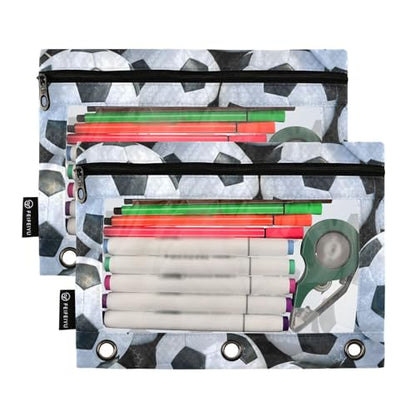 Soccer Pencil Pouch For 3 Ring Binder Clear Window Pencil Case For 3 Ring Reinforced Grommets With Zipper, 2 Pack - color: Soccer