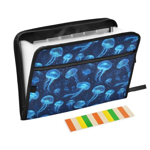 13 Pockets Jellyfish Expanding File Folder with Color Labels Ocean Desktop Organizer Folder Letterhead A4 Paper File Storage Organizer Water-Resistant and Durable - color: Ocean Jellyfish