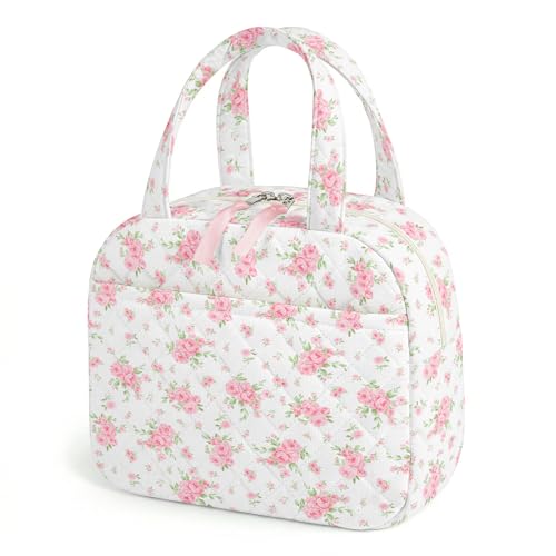 WOBAGMEN Quilted Lunch Box for Women,Coquette Aesthetic Lunch Box for Teen Girls,Cute Floral Lunch Bags for Work, School,Office,Picnic,Travel (Big Pink Floral) - color: Big Pink Floral