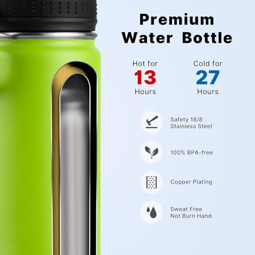 Koodee 16 oz Water Bottle-Stainless Steel Double Wall Vacuum Insulated Wide Mouth Water Flask with Straw Lid, BPA Free(Apple Green） - color: apple-green-A, size: 16 Ounces