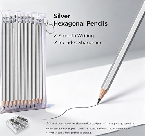 Adhere 25pcs Woodcase Pencils with Eraser Premium Pre-Sharpened Hexagon Graphite 2B pencils ideal for home, office writing including a Free Sharpener (Silver・25pcs) - color: Silver・25pcs