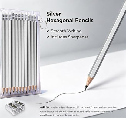 Adhere 25pcs Woodcase Pencils with Eraser Premium Pre-Sharpened Hexagon Graphite 2B pencils ideal for home, office writing including a Free Sharpener (Silver・25pcs) - color: Silver・25pcs