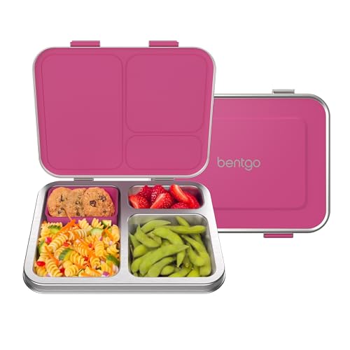 Bentgo Kids Stainless Steel Leak-Resistant Lunch Box - 3-Compartments with Bonus Silicone Container, Durable, Eco-Friendly, Dishwasher Safe, BPA-Free, Ideal for School, Ages 3+ (Fuchsia) - color: Fuchsia