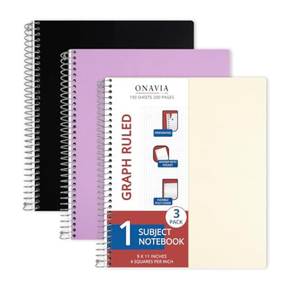 ONAVIA 1 Subject Graph Paper Spiral Notebook 3 Pack, 200 Pages | 100 Sheets, 9 x 11 in, Waterproof Plastic Cover, Durable, 3-Hole Punched, Divider, Double-Sided Pocket - color: Black, Purple, Beige