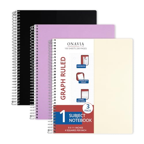 ONAVIA 1 Subject Graph Paper Spiral Notebook 3 Pack, 200 Pages | 100 Sheets, 9 x 11 in, Waterproof Plastic Cover, Durable, 3-Hole Punched, Divider, Double-Sided Pocket - color: Black, Purple, Beige