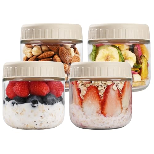 SHOWIN Overnight Oats Containers with Lids, 10oz Glass Jars with Lids 4 pcs, Apricot, Wide Mouth Mason jars for Salad, Yogurt, Snacks, Meal Prep - color: Camel, size: 10oz-4pc