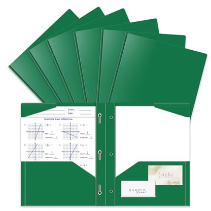 Briartw 6-Pack Dark Green Heavy Duty Folders with Prongs, Letter Size Plastic Brad Folders, 2 Pockets 3 Rings for Finance, Science, Environmental Studies, Office - color: Dark Green