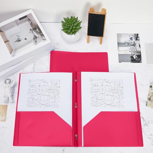 Yeaqee 60 Pcs Plastic Folders with Pockets and Prongs Plastic Folder 2 Pockets 3 Prongs with Business Card Slot Back to School Folders for Students, Teachers, Office Workers (Rose Pink) - color: Rose Pink