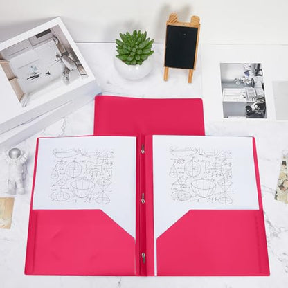 Yeaqee 60 Pcs Plastic Folders with Pockets and Prongs Plastic Folder 2 Pockets 3 Prongs with Business Card Slot Back to School Folders for Students, Teachers, Office Workers (Rose Pink) - color: Rose Pink