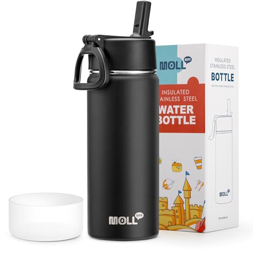 Insulated Water Bottle with Straw-18 oz Stainless Steel Double Wall Vacuum Wide Mouth Water Bottle with Silicone Boot for Travel, Sports (Black) - color: Black, size: 18 Ounces