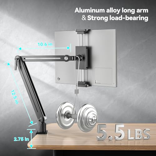 Portable Monitor Stand Desk Holder- Large Clamp support up to 6.5 12.9 14.6 15.6 18.5 inch 360° Rotating Base Swivel Tall Desk Arm Mount for iPad Pro/Mini/Air/Surface Strong Bearing Weight over 5.5lbs - size: Up to 18.5''