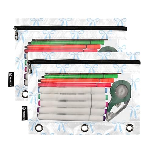 Blue Bow White Pencil Pouch for 3 Ring Binder 2 Pcs Binder Pouches with Zipper Pocket Pencil Case Bag with Clear Window for Office Work School Supplies - color: Blue Bow White