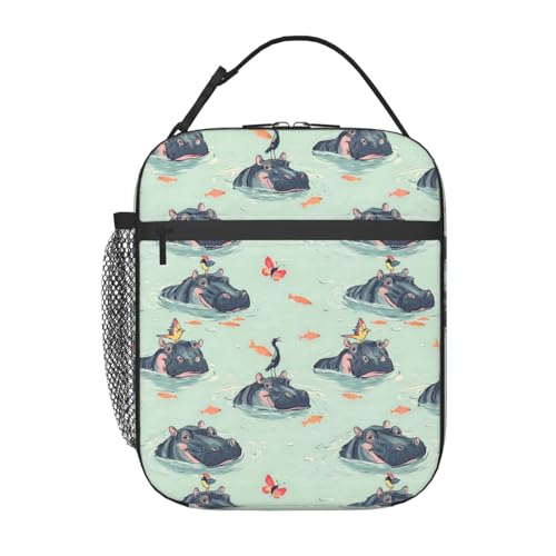 Hippo Lunch Box for Kids,Cute Whimsical Water Scene Insulated Bag for Student,Butterfly and Bird Thermal Insulation Cooler Tote Bags for School Work Picnic Camping Outdoor Gifts - color: Hippo