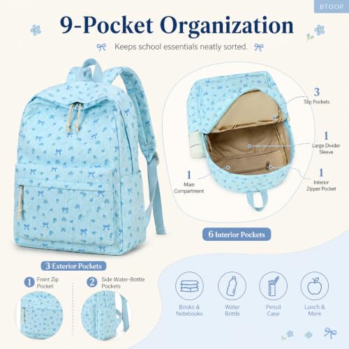 BTOOP School Backpack for Teens Large Cute Bookbag Lightweight 15.6 inch Laptop Bag for Girls Women Casual High School College - color: Blue Bow