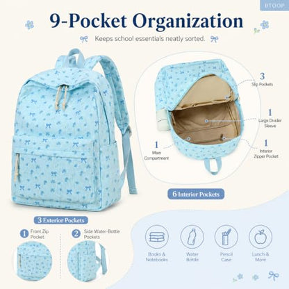 BTOOP School Backpack for Teens Large Cute Bookbag Lightweight 15.6 inch Laptop Bag for Girls Women Casual High School College - color: Blue Bow
