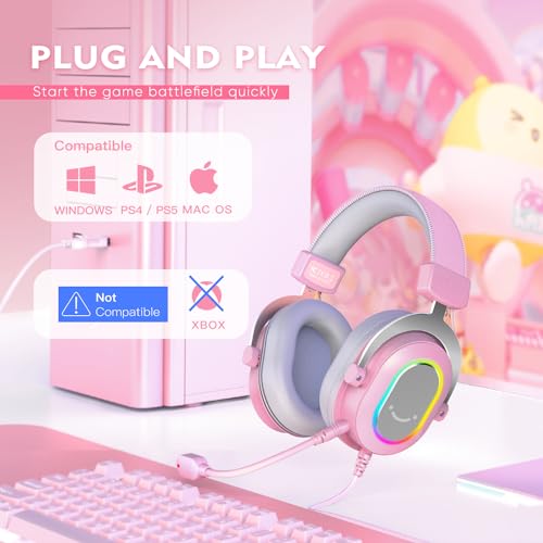 FIFINE PC Gaming Headset, USB Wired Headset with Microphone, 7.1 Surround Sound, in-Line Control, Computer RGB Over-Ear Headphones for PS4/PS5, for Streaming/Game Voice/Video-AmpliGame H6 (Pink) - color: Pink