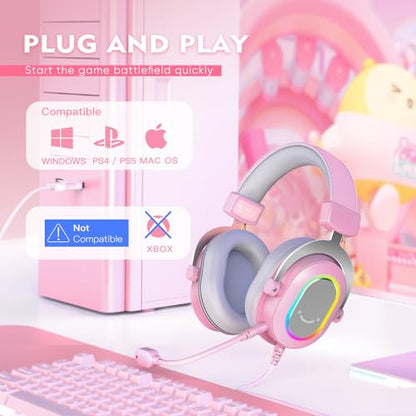 FIFINE PC Gaming Headset, USB Wired Headset with Microphone, 7.1 Surround Sound, in-Line Control, Computer RGB Over-Ear Headphones for PS4/PS5, for Streaming/Game Voice/Video-AmpliGame H6 (Pink) - color: Pink