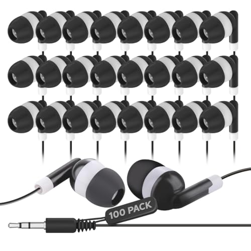 JustJamz Bulk Earbuds 100 Pack | Wired in-Ear Earphones for Classroom, Students, Kids, and Libraries | Disposable Headphones with 3.5mm Jack, Perfect for Schools, Laptops, and Chromebooks, Black