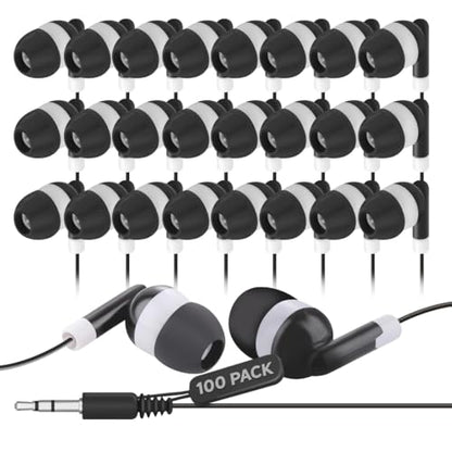 JustJamz Bulk Earbuds 100 Pack | Wired in-Ear Earphones for Classroom, Students, Kids, and Libraries | Disposable Headphones with 3.5mm Jack, Perfect for Schools, Laptops, and Chromebooks, Black
