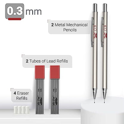 Mr. Pen- Metal Mechanical Pencil Set with Lead Refills & Erasers, 2 Pack | 0.3mm, 4x Tubes HB Lead Refill, 4x Eraser Refills for School Supplies, Note Taking, Drawing, Sketching, Office - style: 0.3mm