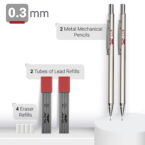 Mr. Pen- Metal Mechanical Pencil Set with Lead Refills & Erasers, 2 Pack | 0.3mm, 4x Tubes HB Lead Refill, 4x Eraser Refills for School Supplies, Note Taking, Drawing, Sketching, Office - style: 0.3mm