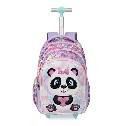 Cartoon Rolling Backpack for Boys Girls, Kids 5 Pcs Wheeled Backpack, Travel Backpack for Elementary Students (Panda Purple) - color: Panda Purple